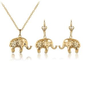 18k Gold Elephant Filigree Earrings Necklace Set